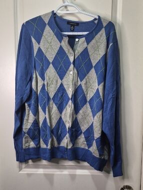 Lands'‎ End Blue, Gray and Green Argyle Button-Front Cardigan
